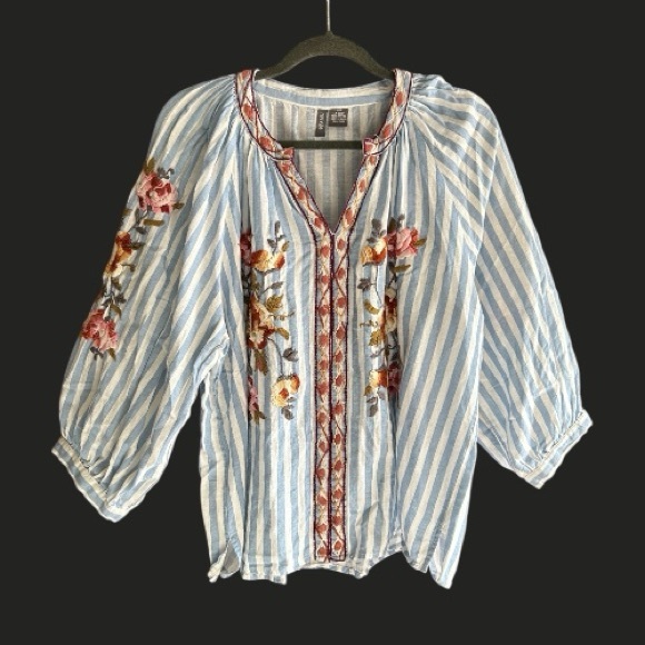 Anu Tops - ANU‎ Cotton Floral Embroidered Boho Striped Top L-XL